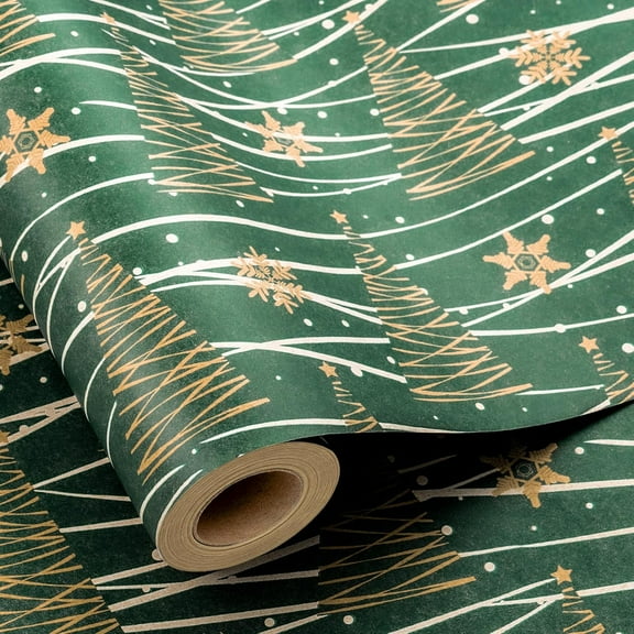 Kraft Christmas Tree Wrapping Paper - 17 Inch X 33 Feet - Creative Recyclable Festival Green Christmas Tree w/Elegant Line Drawing Design Winter Gift Wrap Paper for Holiday, Party Celebration