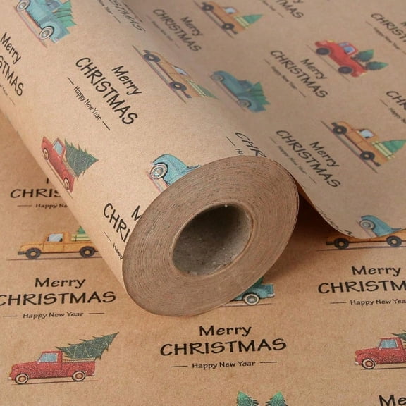 Kraft Christmas Wrapping Paper Jumbo Roll Merry Christmas Truck Tree Letters Design Xmas Gift Wrap Paper 30 in x 100 ft