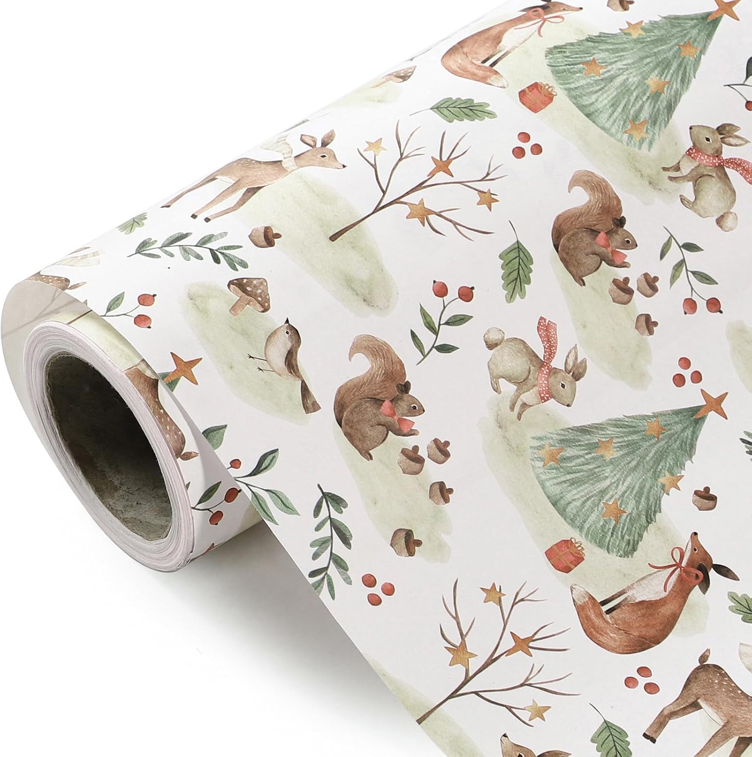 Kraft Christmas Wrapping Paper - Mini Roll - 17 Inch x 33 Feet - Warm Forest Animal Friends and Christmas Tree Wrapping Paper for Holiday, Party Celebration