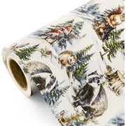 Kraft Christmas Wrapping Paper - Mini Roll - 17 Inch x 33 Feet - White Wild Animals Winterfall Watercolor Design for Christmas, Holiday, Party Celebration