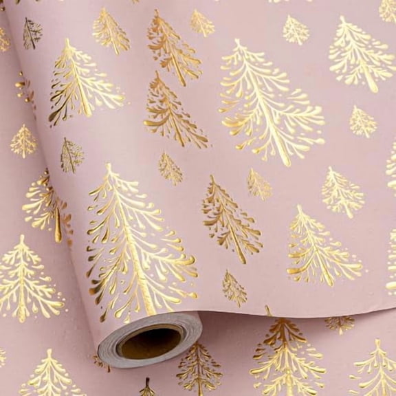 Kraft Christmas Wrapping Paper-Pink 3D Embossed Gold Foil Christmas Pine Tree with Woodlands for Chrsitmas, Holiday, Party,Celebration (17 Inch X 32.8 Feet)