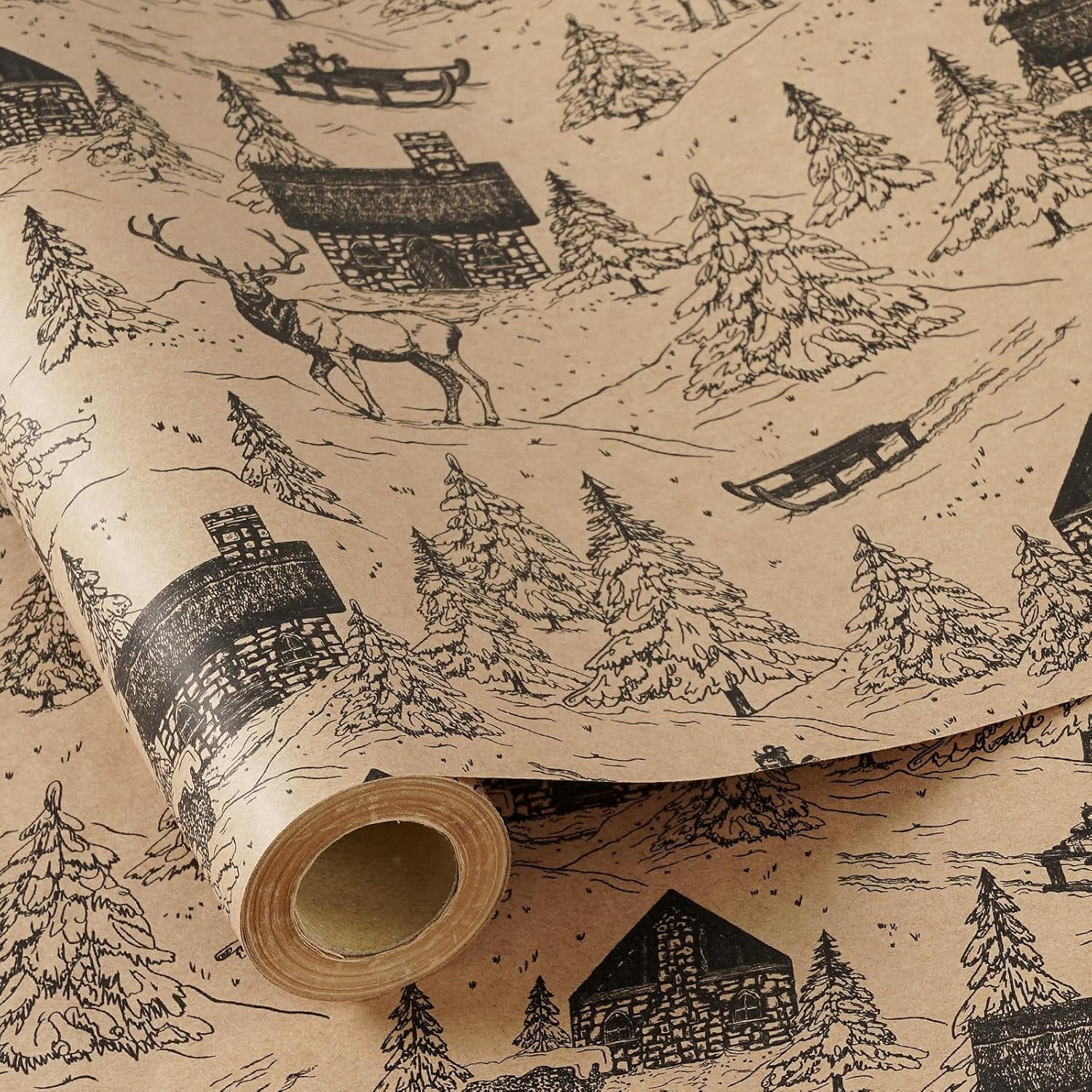 Kraft Christmas Wrapping Paper Roll, Mini Roll, Vintage Black Winter Cabin and Forest Scene Design, Rustic Holiday Gift Wrap for Women, Men, Xmas Gifts, Winter Party, 17 Inches x 16.4 Feet