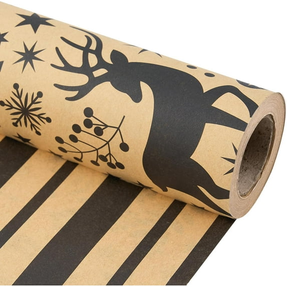 Kraft Christmas Wrapping Paper Rolls, Brown Vintage Retro Heavy Duty Premium Traditional Gift Wrap, Aesthetic Pattern with Christmas tree, Reindeer and Fox, Reversible, Total 28.5sq.ft