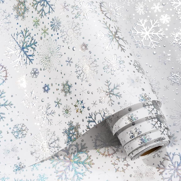 Kraft Christmas Wrapping Paper-Silver Snowflake Metallic Embossed Foil Luxury Gift Wrap Roll Design for Holiday, Party,Celebration, New Year (17 Inch X 32.8 Feet)