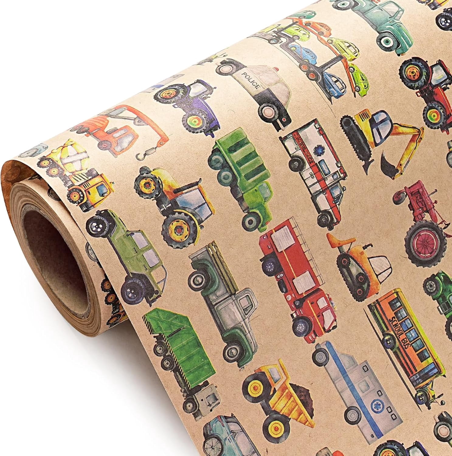 Kraft Construction Truck Wrapping Paper Roll - Mini Roll - 17 Inch x 16.5 Feet - Fun Trucks, Diggers and Cars Wrapping Paper for Boys Kids Birthday, Baby Shower
