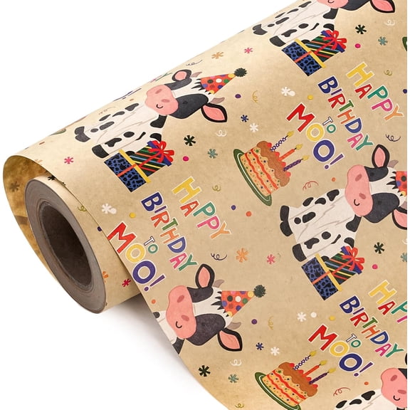 Kraft Cow Birthday Wrapping Paper Roll - Mini Roll - 17 Inch x 16.5 Feet - Cow Wrapping Paper with Cakes and Happy Birthday Moo Design Perfect for Girls Boy Kids, Baby Shower
