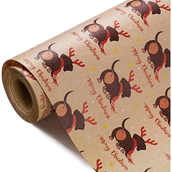 Kraft Dog Christmas Wrapping Paper - Mini Roll - 17 Inch x 16.5 Feet - Dachshund Dog and Merry Christmas Wrapping Paper for Xmas Holiday, Party Celebration
