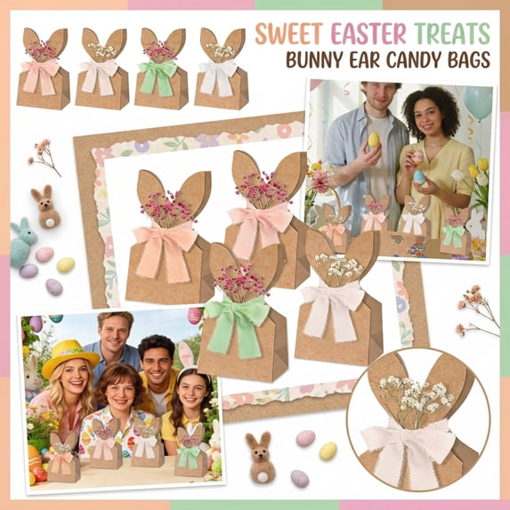 Kraft Easter Bunny Paper Party Bags with Ear Handles, Fillable Gift Sacks for Candy Sweets Treats, 12 Pack