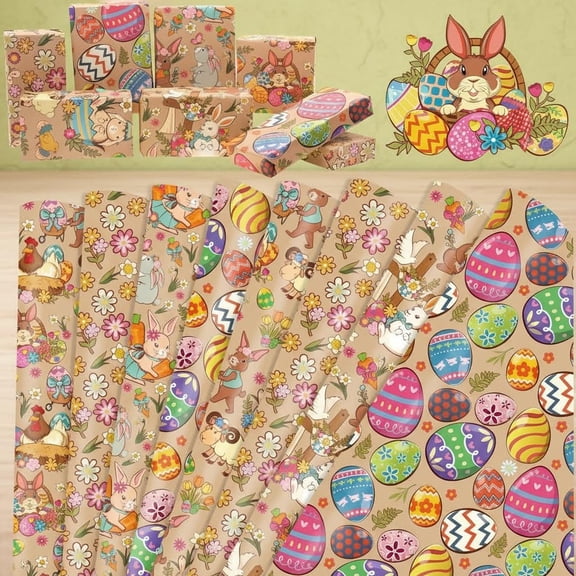Kraft Easter Wrapping Paper, Easter Bunny Gift Wrapping Paper, Easter Egg Packing Paper, Spring Flower Wrapping Paper