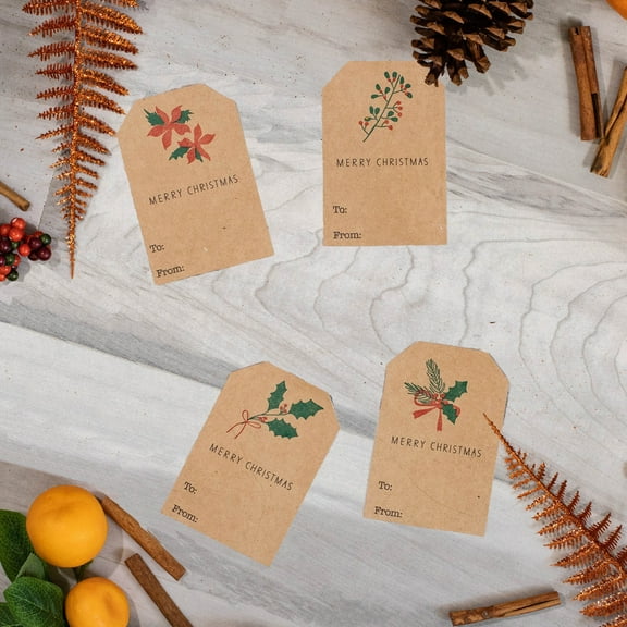 Kraft English Holiday Christmas Adhesive Holiday Gift Tags | Qty 100 - 2 x 3"