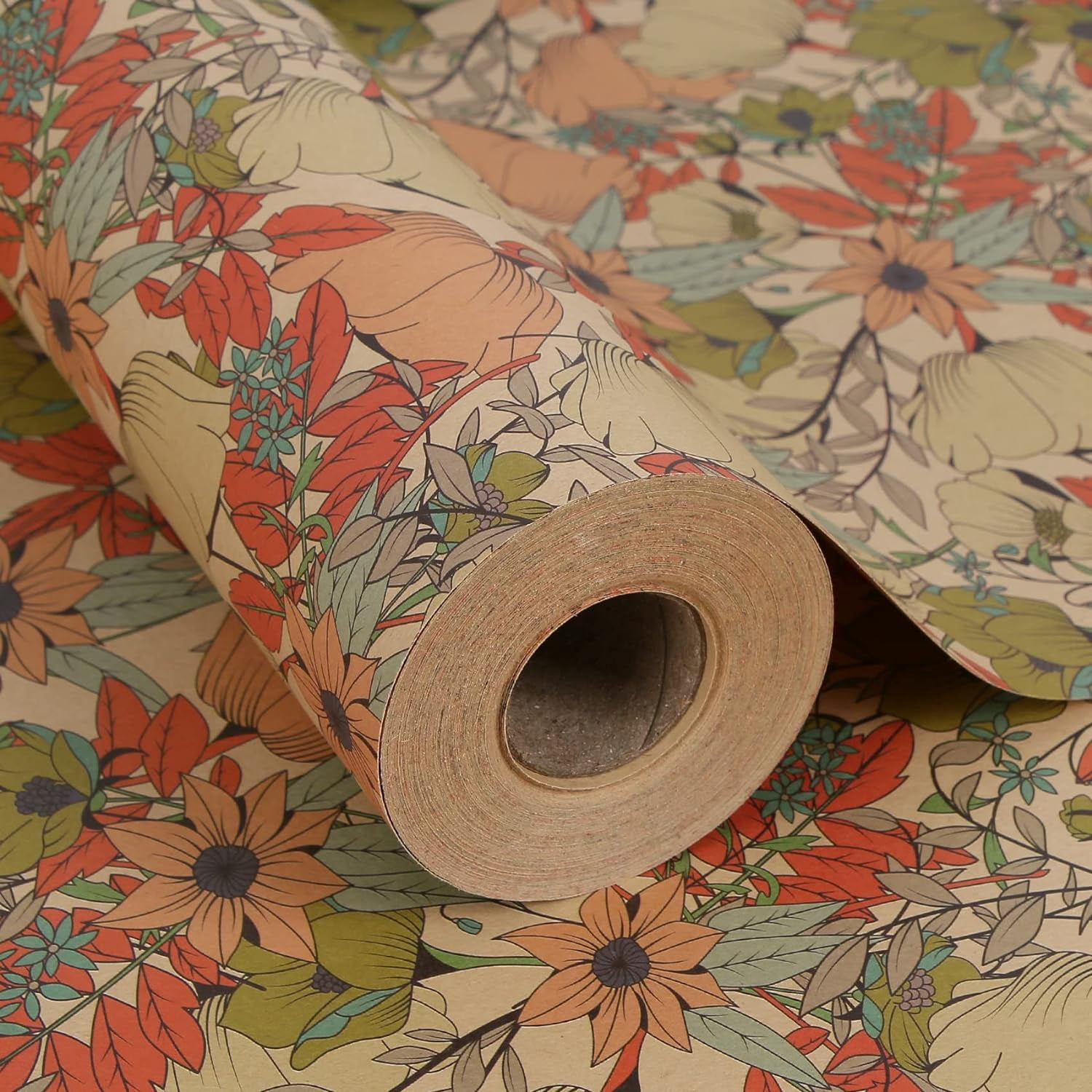 Kraft Floral Wrapping Paper Jumbo Roll, All Occasion Flower Gift Wrap Paper for Wedding Bridal Shower Birthday, 17 in x 60 ft