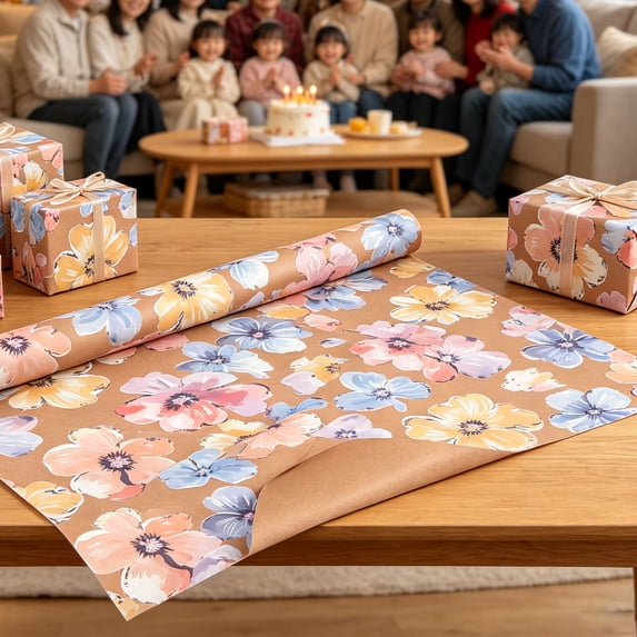 Kraft Flowers Wrapping Paper, Cut Auxiliary Line Design Gift Wrap for Baby Shower, Birthday, Valentines, Mothers day, Graduation, Wedding, Fathers day, Christmas (17 Inch X 10 Feet)