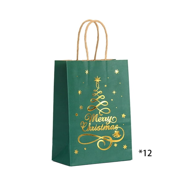 Kraft Gift Bags, Christmas Gift Bags, 12 Pack Portable Shopping Tote Bags with Stamping Merry Design, Multicolor Paper Party Gift Wrapping Bags 21x15x8cm Durable Lightweight