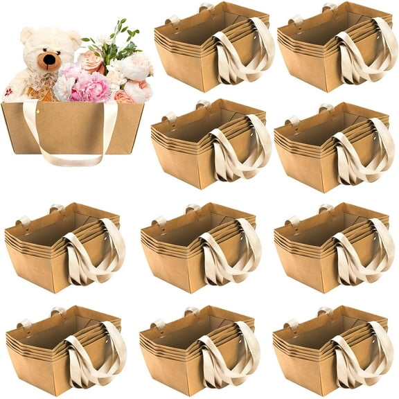 Kraft Gift Basket with Handles, Empty Paper Basket for Party Gifts, Anniversary, Wedding, Easter, Crafts, Brown