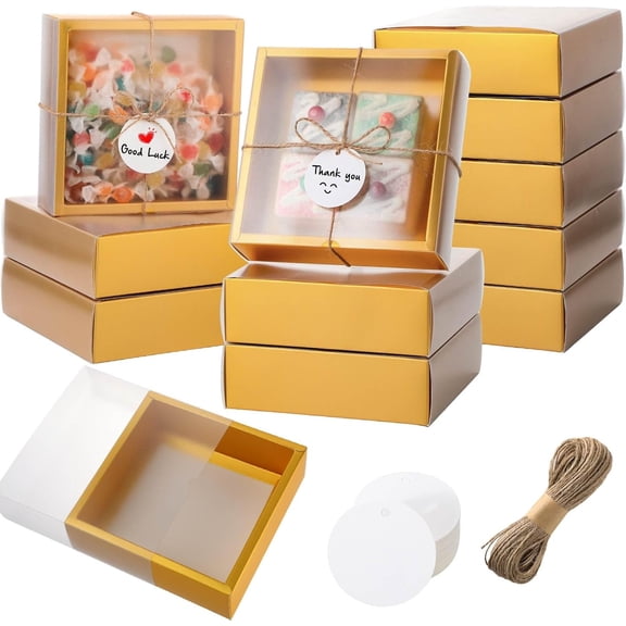 Kraft Gift Box Bundle with Blank Tags and Jute String 6.5 x 6.5 x 2 Inch Gold