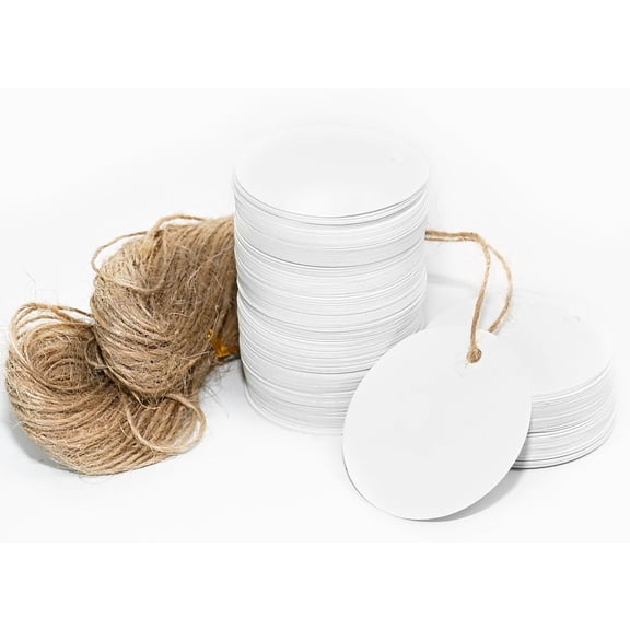 Kraft Gift Tags - Round Paper Tags with Jute Twine, for Wedding Christmas Crafts, White