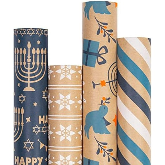 Kraft Hanukkah Wrapping Paper Roll - Blue Menorah, Birds, Stripe and Star of David Design for Holiday Gift Wrap - 4 Rolls - 30 Inches x 10 Feet Per Roll