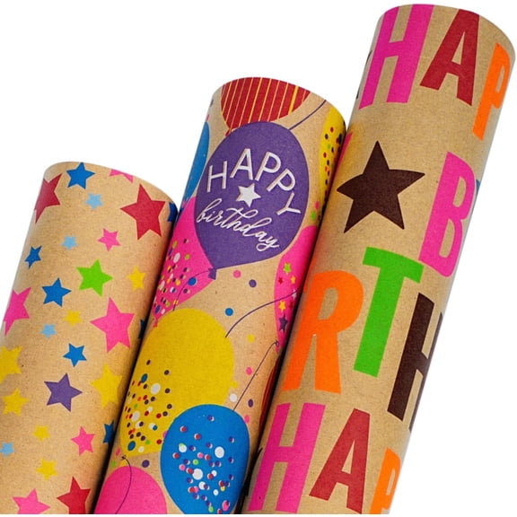Kraft Happy Birthday Wrapping Paper Roll, Colorful Balloon & Star