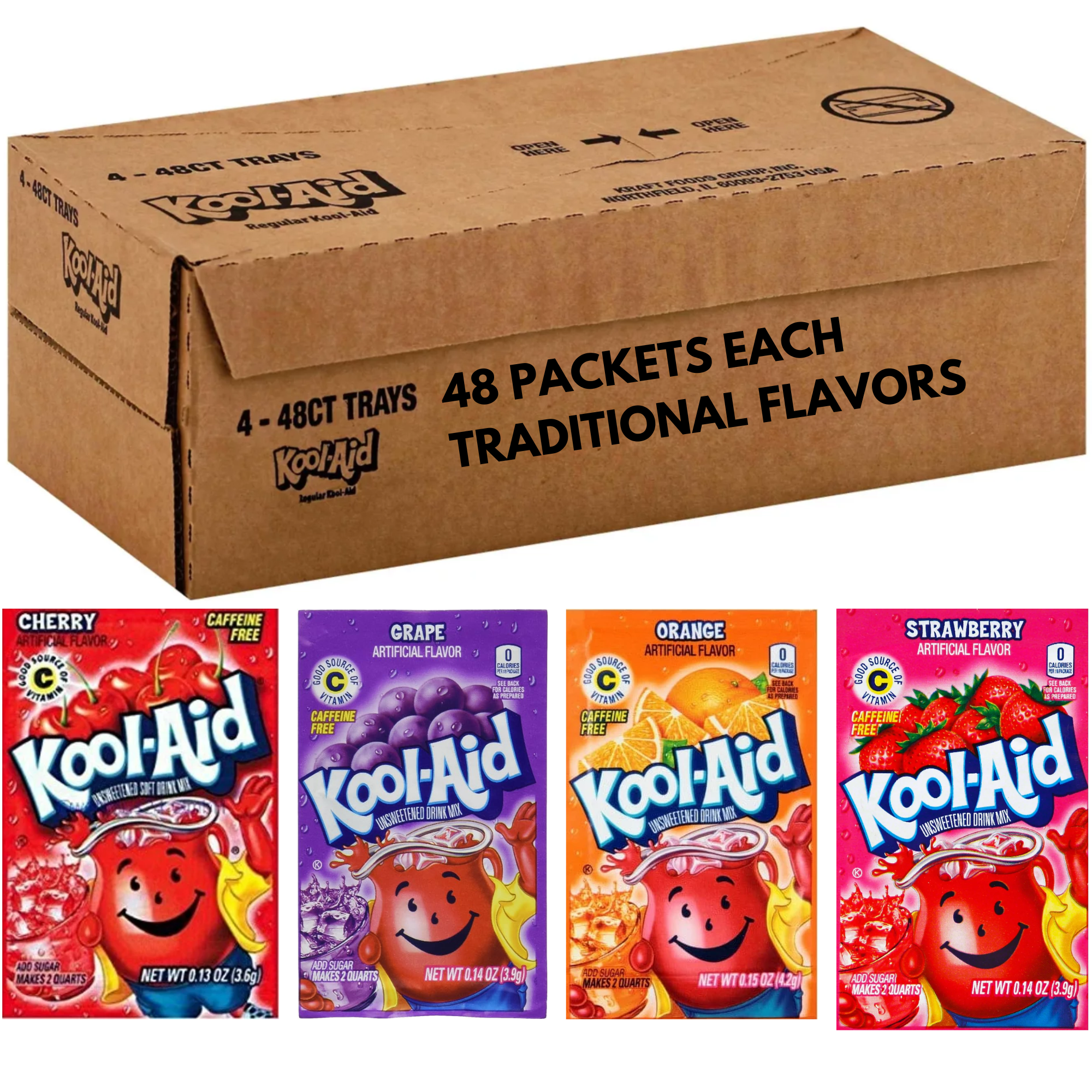 Kool Aid Variety Case FLAVORS CHERRY,GRAPE,ORANGE and STRAWBERRY Beverage, Unsweetened 0.13 Ounce Bulk Wholesale 4 Box Case 192 Packets