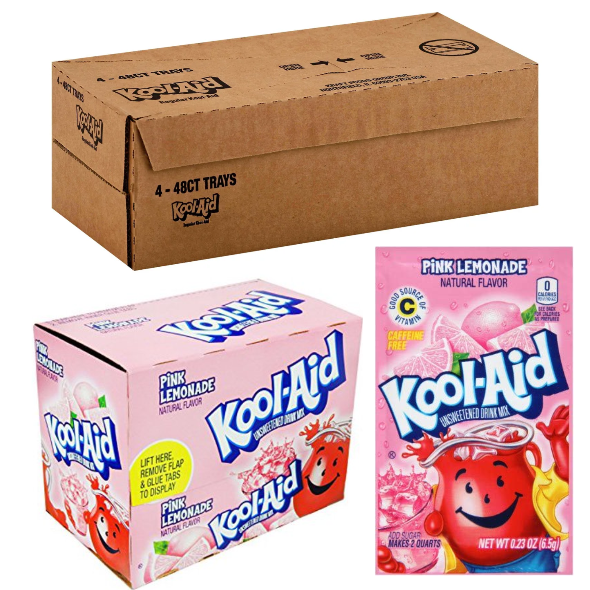 Kraft Kool-Aid Pink Lemonade Beverage Caffeine Free, Unsweetened BULK WHOLESALE 192 PACKETS 4 BOX CASE