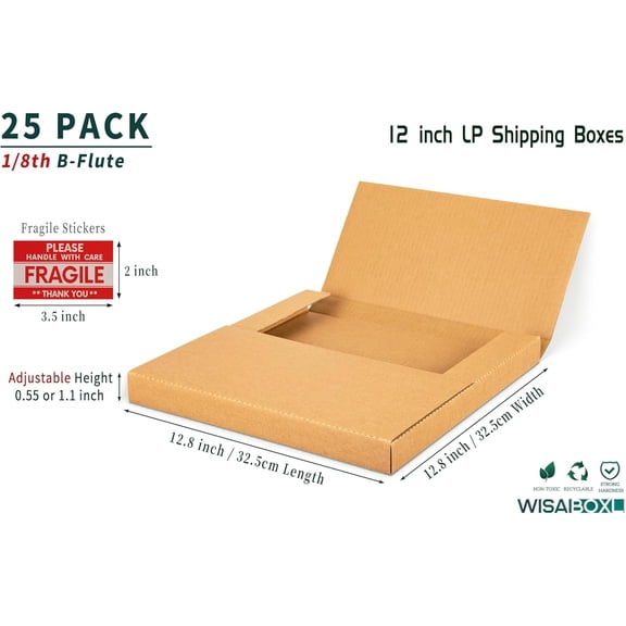Kraft LP Mailers, 12.8x12.8x1 inch, Easy-Fold, Multi-Depth Vinyl Record Shipping Boxes with Fragile Stickers, 25 Pack