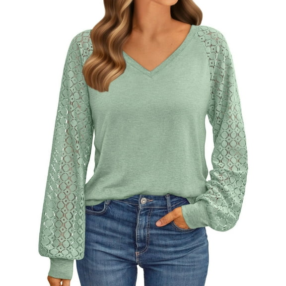 UVN Blouses for Women Dressy Lace Long Sleeve Shirts Fall Casual V Neck Tunic Tops