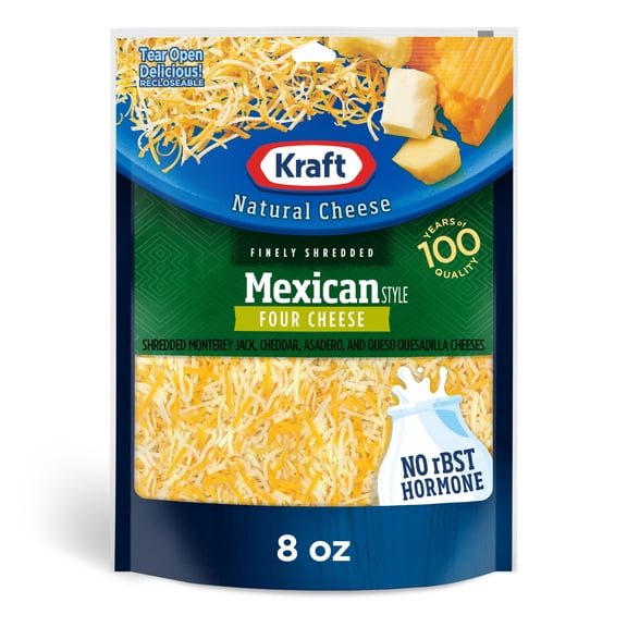 Kraft Natural Mexican Style Four Cheese Blend Finely Shredded Cheese, 8 oz Bag