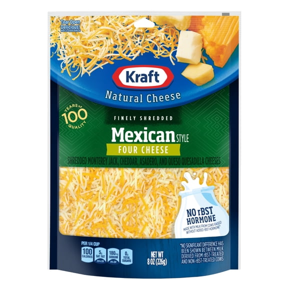 Kraft Natural Mexican Style Four Cheese Blend Finely Shredded Cheese, 8 oz Bag