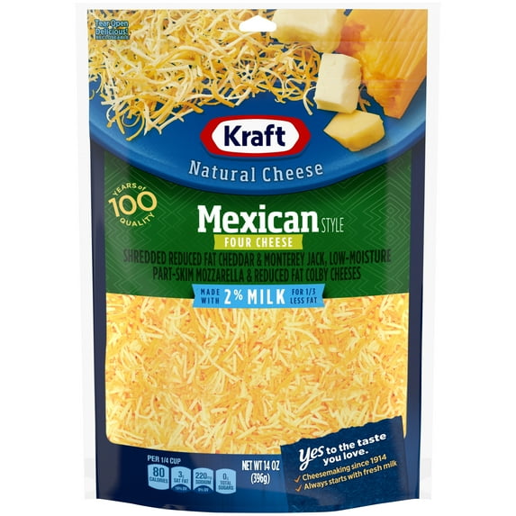 Kraft Mexican Style Four Cheese Blend Shredded Cheese with 2% Milk, 14 oz Bag