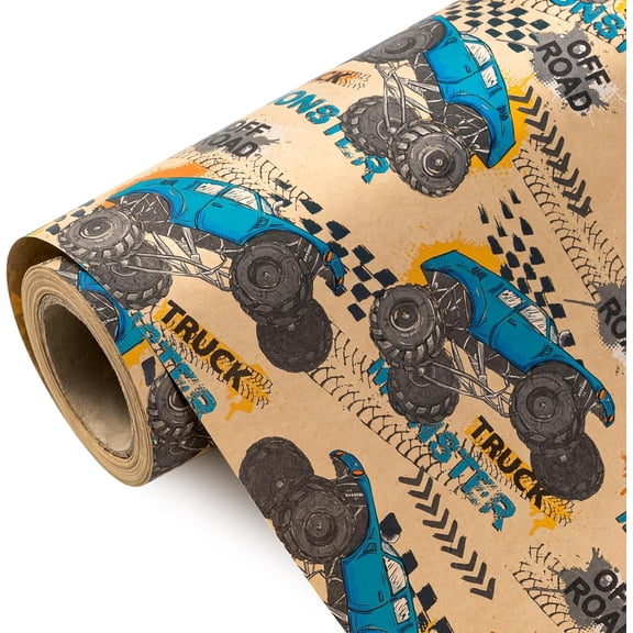 Kraft Monster Truck Wrapping Paper Roll - Mini Roll - 17 Inch x 16.5 Feet - Monster Truck Race Car Wrapping Paper, Perfect for Kids Boys Birthday, Racing Party, Adventure Celebration