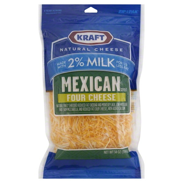 Kraft Natural Cheese Mexican Style Four Cheese 2% Milk Finely Shredded Reduced Fat Shredded Cheese, 14 Oz.