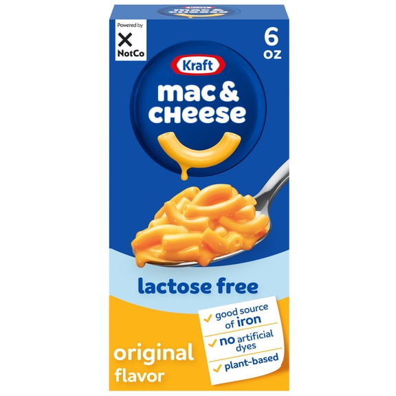 Kraft NotCo Lactose Free Mac and Cheese, 1 Box, Plant Based, Original Flavor, No Artificial Dyes, Good Source of Iron (15%), 10g of Protein (8% Daily Value), 6 oz