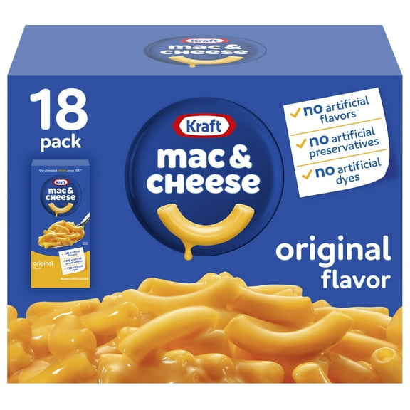 Kraft Mac and Cheese, 18 Boxes, for Easy Dinner or Dinner Sides, Original Flavor, No Artificial Flavors, Preservatives or Dyes, 7.25 oz