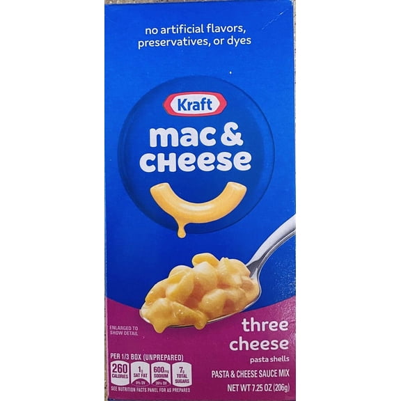 Kraft Original Mac & Cheese THREE CHEESE Pasta Shells Dinner Mix 7.25 Oz Box