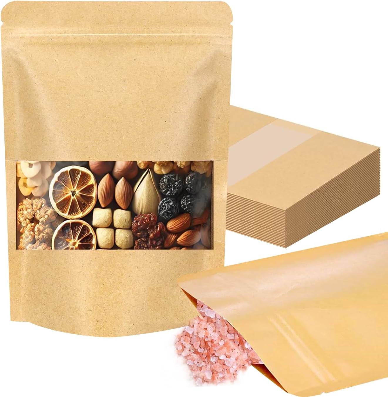 Kraft Paper Bags with Window 100 Pack - Resealable Food Grade Brown ...