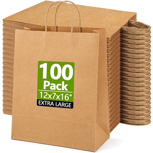 Kraft Paper Bags with Handles, 12x7x16 in, 100 Pack Heavy Duty Brown ...