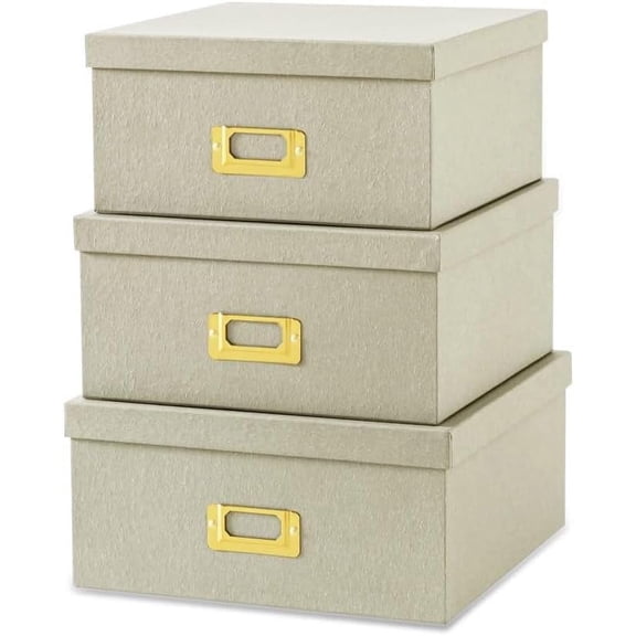 Kraft Paper Boxes for Storage, Set of 3 Square Stacking Boxes with Lids and Gold Label Holders, Decorative Photo Storage, Nesting Cardboard Containers for Organizing