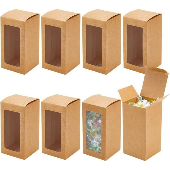 Kraft Paper Candy Boxes with PVC Clear Window for Party Wedding Baby Shower Rectangle BurlyWood 6x6x12cm