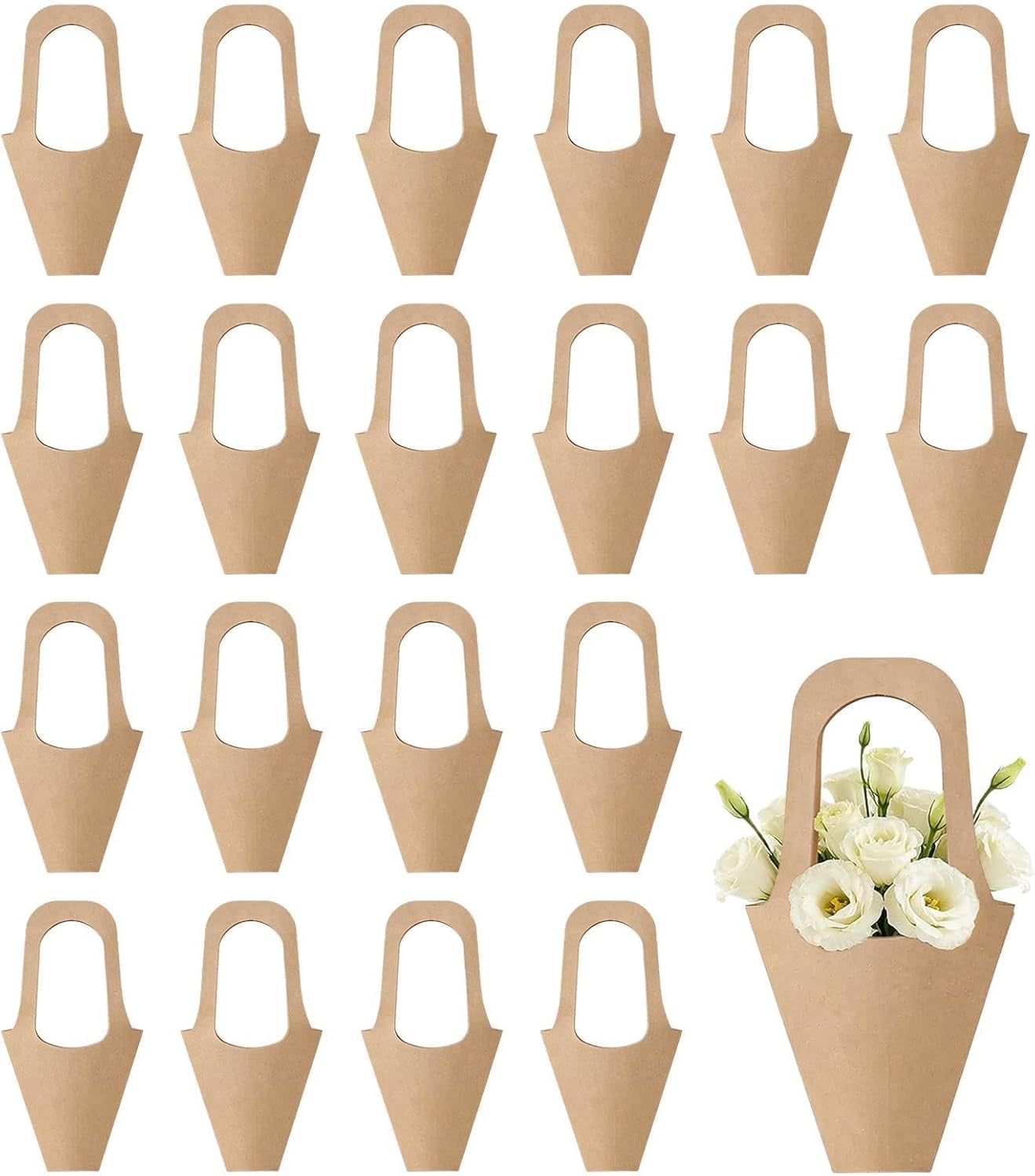 Kraft Paper Cone Bouquet Wrap Bags with Handles – Floral Wrapping Accessories for Weddings & Graduations(RL S 20 PCS)