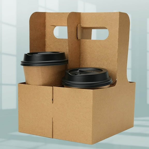 Kraft Paper Cup Holder with Handle for 4 Drinks Disposable Cardboard Beverage Carrier for Coffee Tea Milkshakes Takeout Delivery Party Events Eco Friendly Foldable Tray Brown 17.5x8x22.5cm