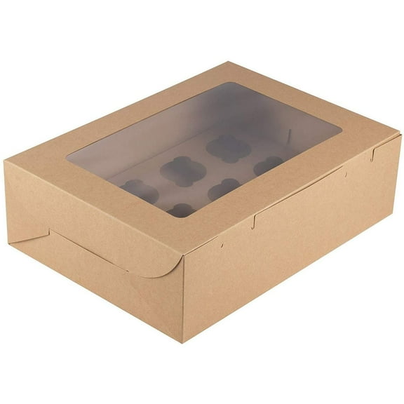 Kraft Paper Cupcake Boxes - 12-Pack Bakery Box Packaging with Clear Display Window and Inserts, 12 Cavity, Pastry Carrier Disposable Take-Out Container, Holds 1 Dozen, Brown, 14 x 4 x 10 inches