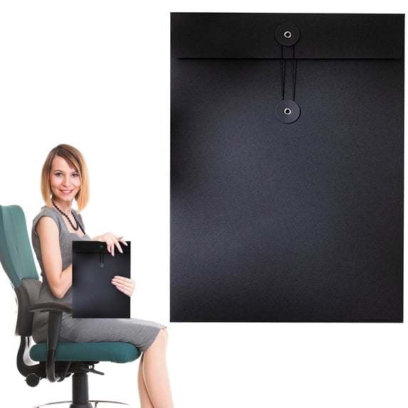 Kraft Paper Envelope, Legal File Folder with Button & String Tie Closure, A4 Size Interdepartment Envelope, Project Pocket for Contract Receipt Tax Ticket, Flat No-Expansion Document Organizer, Black