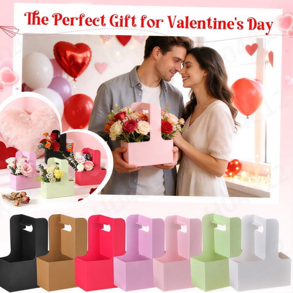 Kraft Paper Flower Bouquet Gift Box with Handles - 10 Pack Floral Wrap Keepsake Box, Versatile for Bouquets, Beverages, Snacks & Party Favors (Pink)