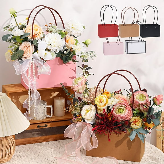 Kraft Paper Flower Bouquet Packaging Bag | Rectangular Handbag | Waterproof Film Lined | Gift & Floral Arrangement Carrier | 1 Pack | 8.66"x13.78"x4.33"