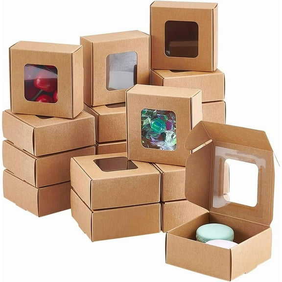 Kraft Paper Gift Box with Visible Window Square BurlyWood 7.2x7.3x3.3cm