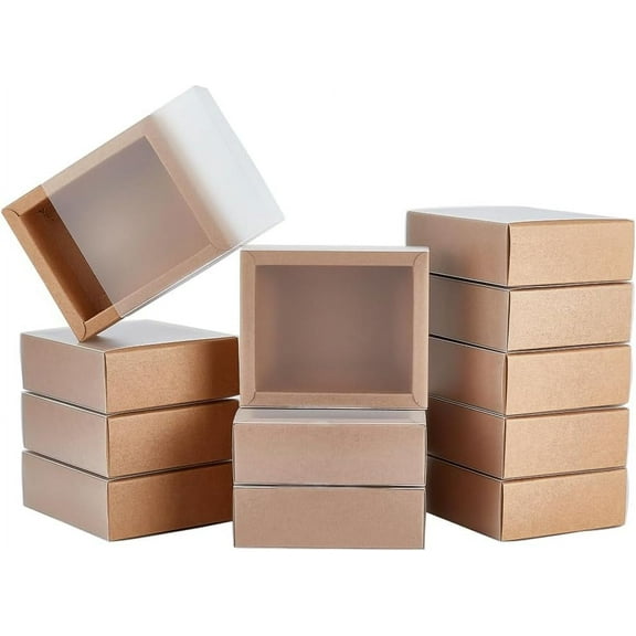 Kraft Paper Gift Boxes Drawer Boxes with PVC Windows Cover for Party Favor Treats Jewelry Proposal Gift Packaging (Brown 4x3.3inch Inner Size) for DIY