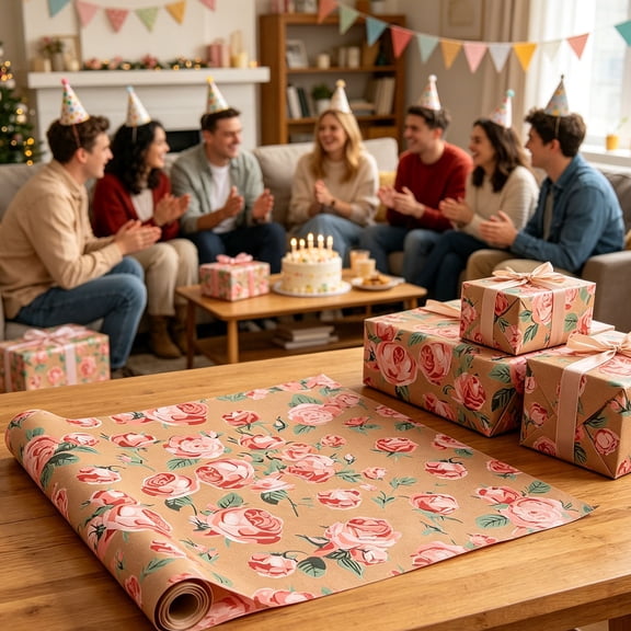 Kraft Paper Gift Wrap, Floral Party Wrapping Paper Roll For Rustic Decor
