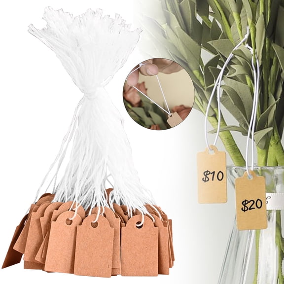 Kraft Paper Price Tags 100 Pack Blank Hang Tags with Elastic Strings Writable Jewelry Clothing Gift Labels 1.38 x 0.86 Inch for Retail Inventory Handmade Crafts Pricing