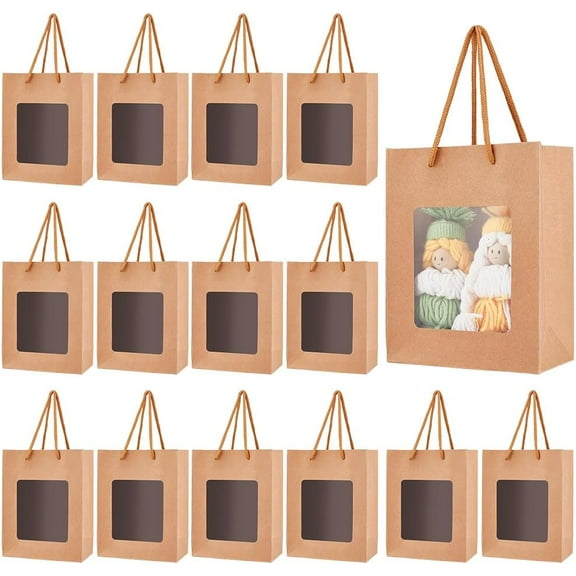 Kraft Paper Visible Window Gift Bags with Rope Handles Portable Paper Tote Shopping Bags Rectangle Tan 18x14x0.4cm