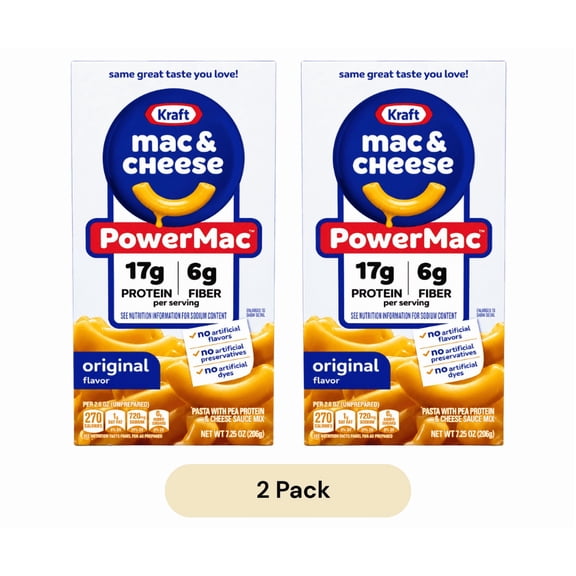 Kraft Power Original Mac & Cheese Macaroni and Cheese Dinner, 7.25 oz Boxes, High Protein & Fiber Easy Meal - 2 Pack